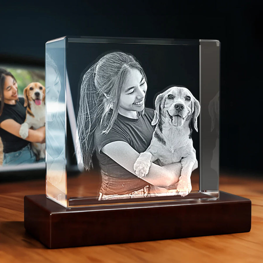 3D crystal photo block engraved with a woman hugging her dog