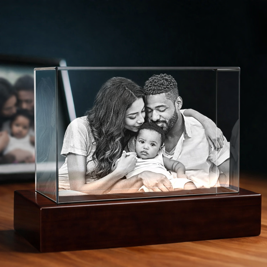 Personalized 3D crystal photo of a family with their dog, illuminated on a black LED light base