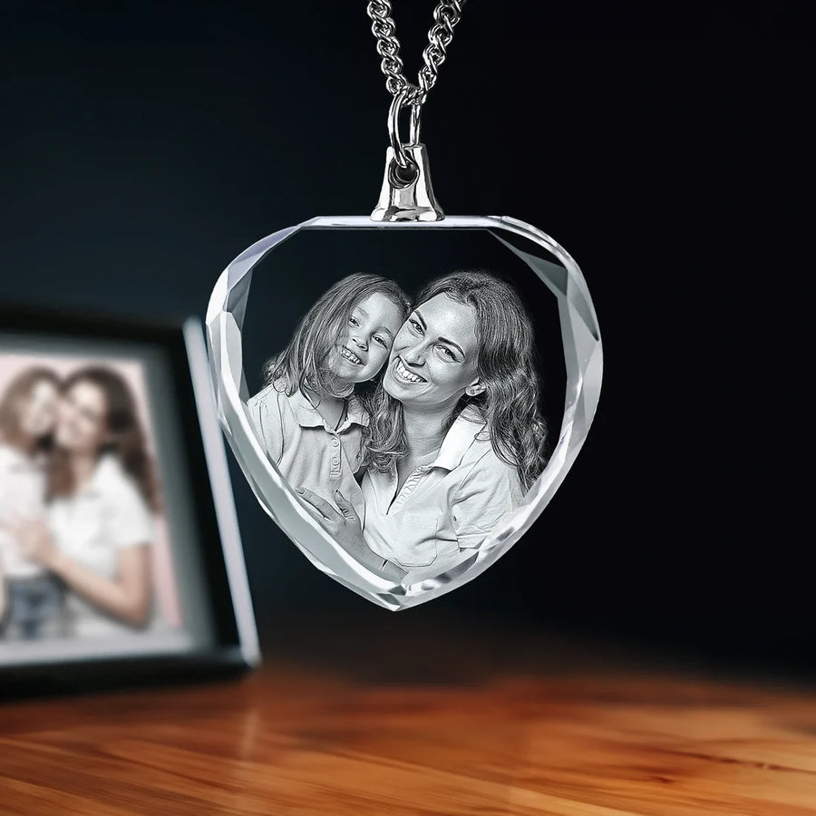 Heart-shaped crystal necklace with engraved photo of two women, personalized 2D crystal pendant.