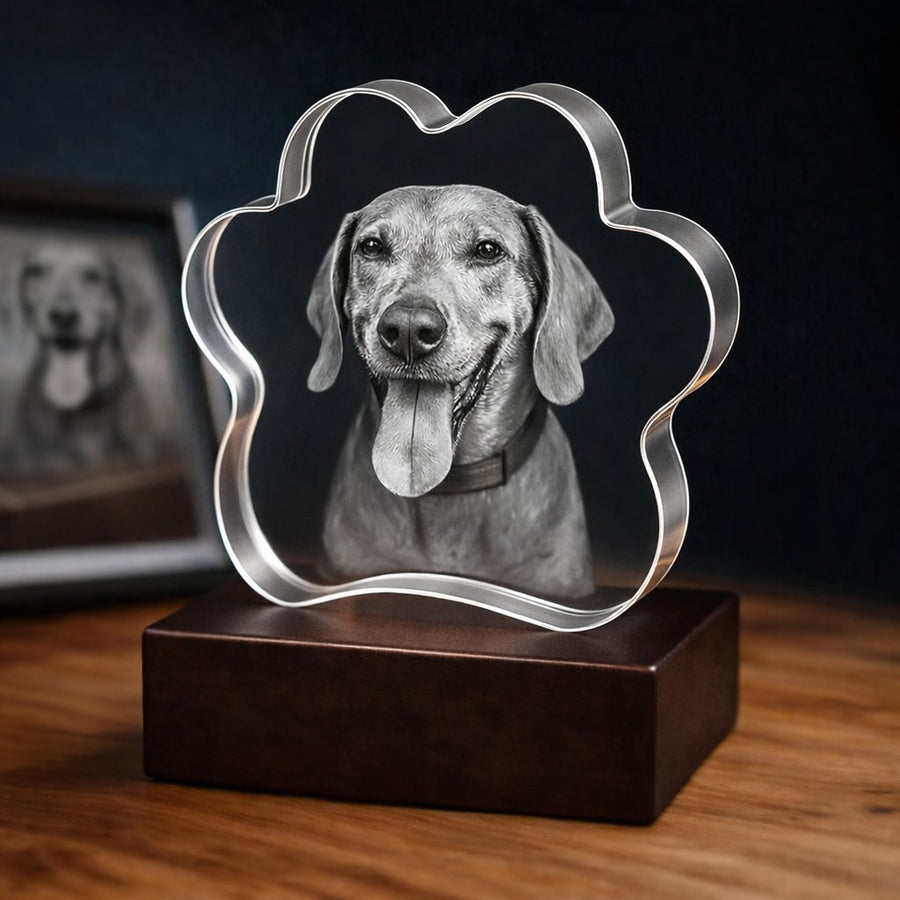 Paw-shaped crystal photo featuring a dog portrait on a black light base.